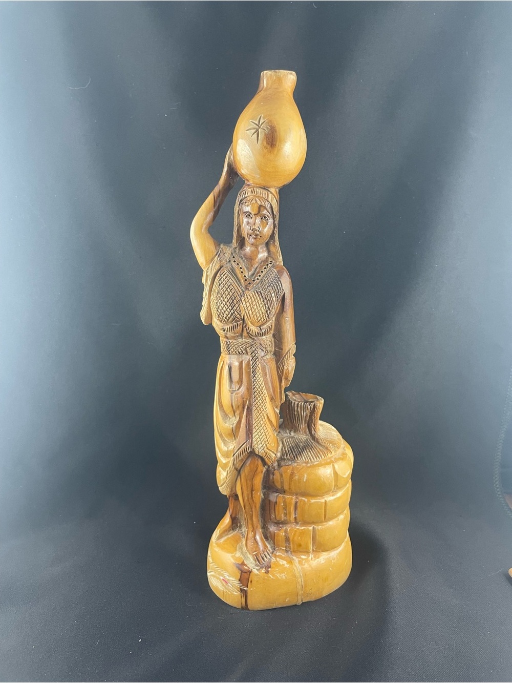 Vintage Hand-Carved Wooden Water Carrier Sculpture Bethlehem